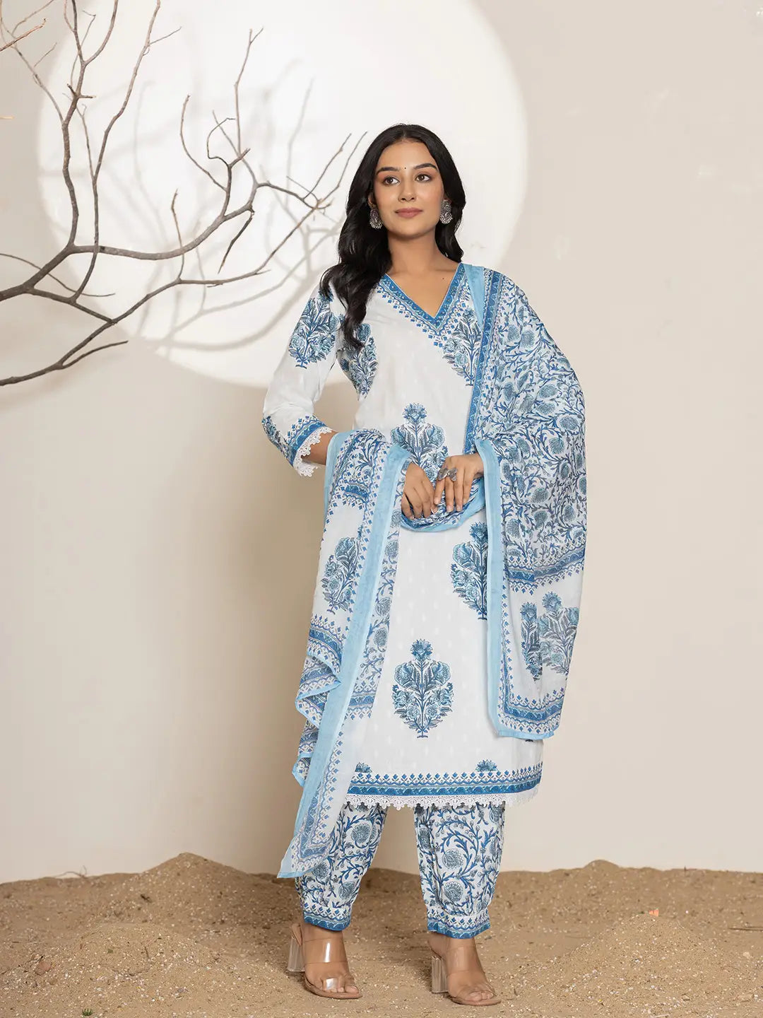 Yufta Blue And White Floral Print Cotton Kurta And Harem Pants With Dupatta Set