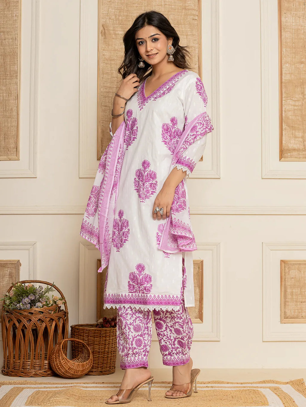 Yufta Cotton Lavender Kurta Dupatta Set