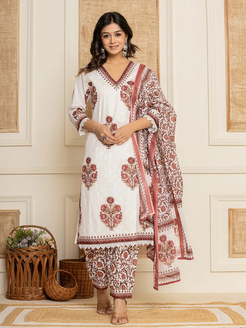Yufta Cotton Maroon Kurta Dupatta Set