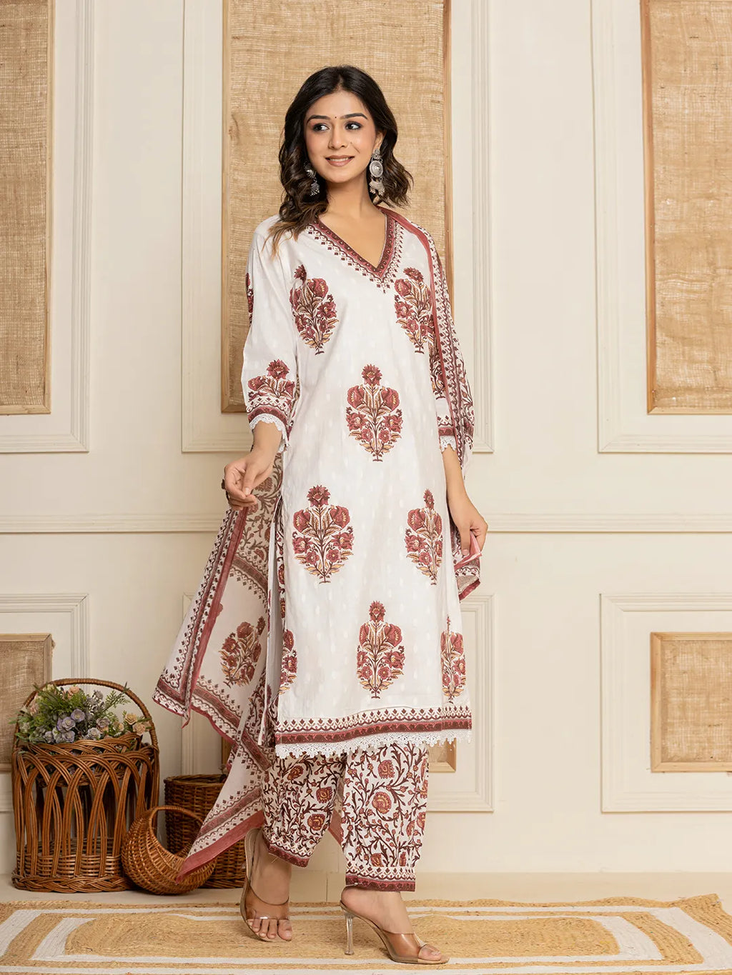 Yufta Cotton Maroon Kurta Dupatta Set