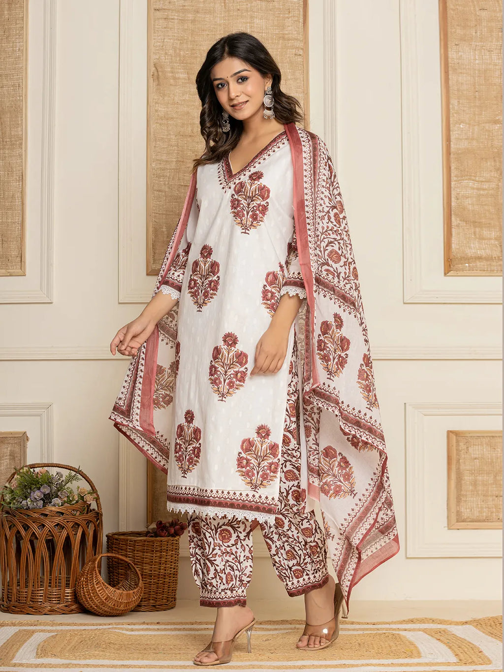 Yufta Cotton Maroon Kurta Dupatta Set