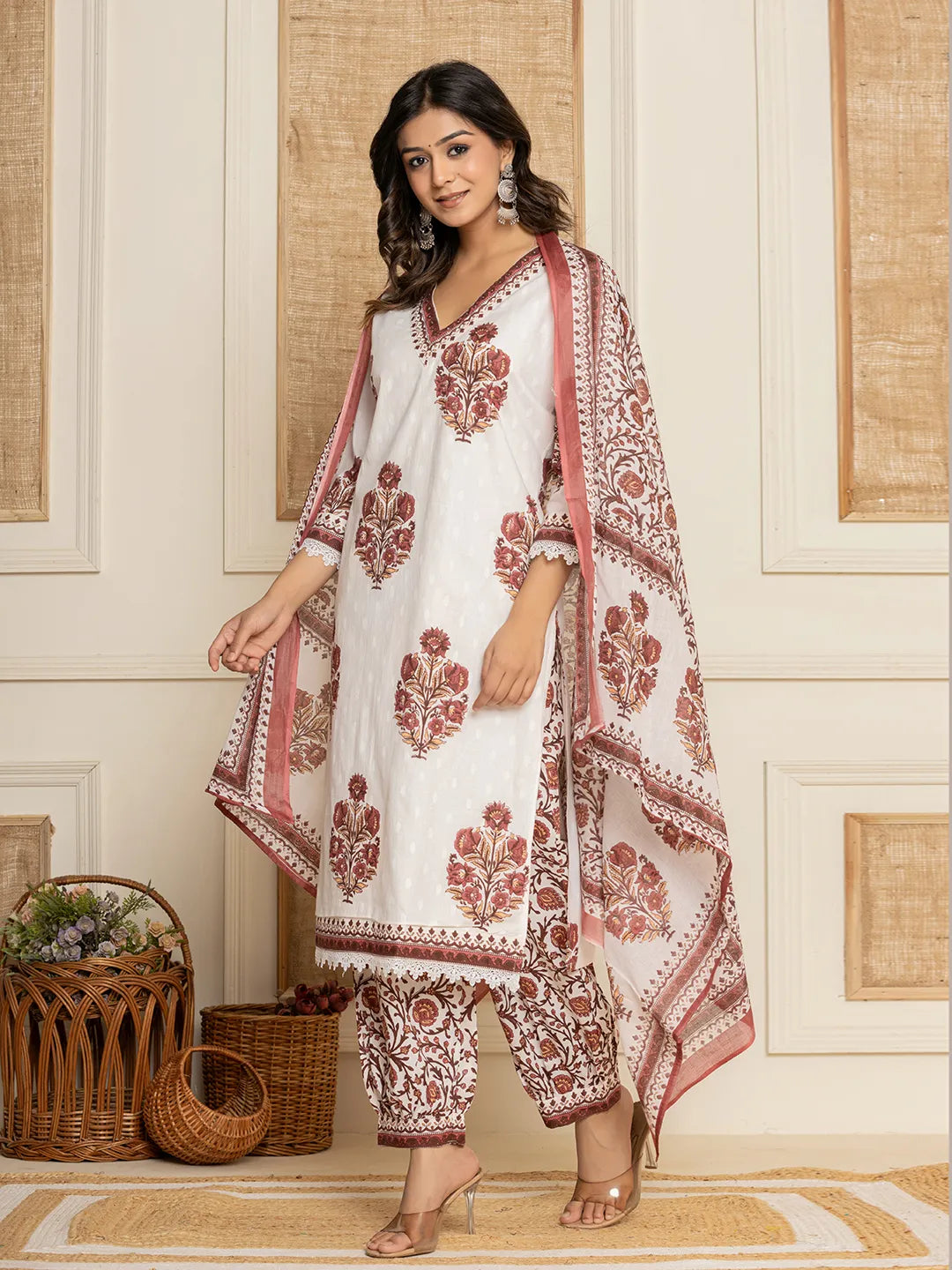 Yufta Cotton Maroon Kurta Dupatta Set