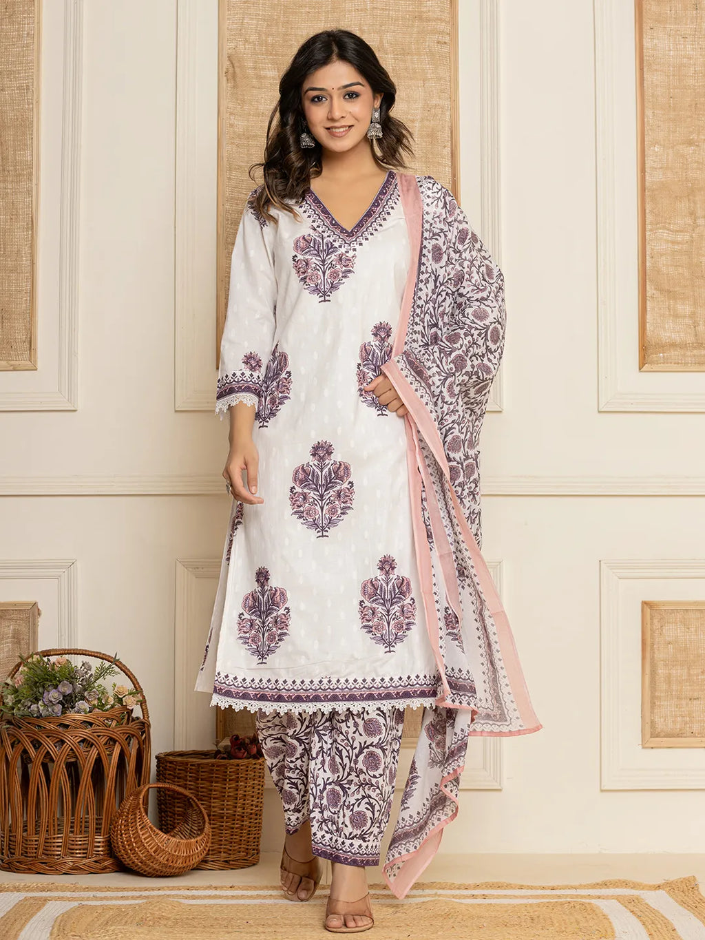 Yufta Cotton Purple Kurta Dupatta Set