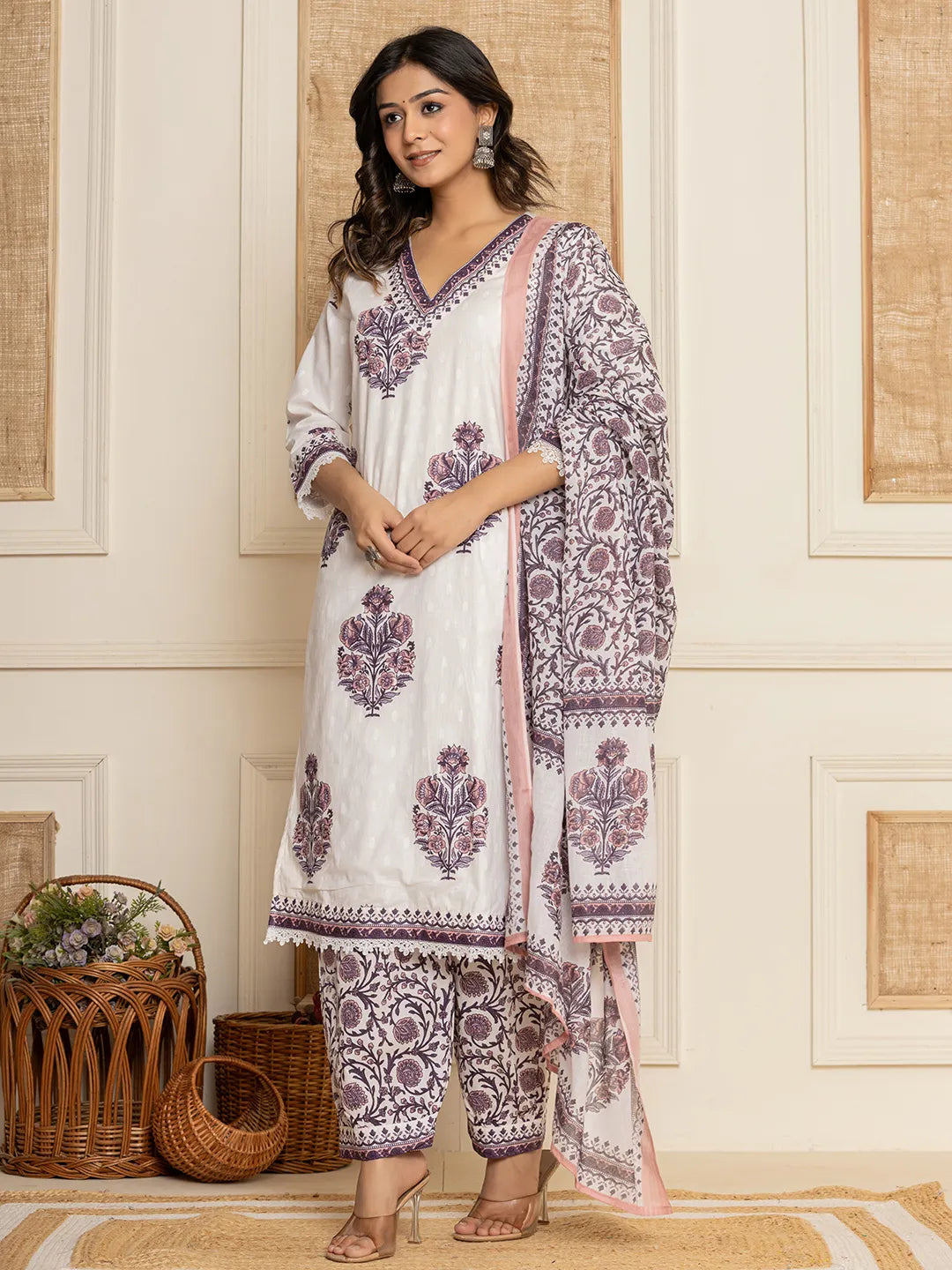Yufta Cotton Purple Kurta Dupatta Set