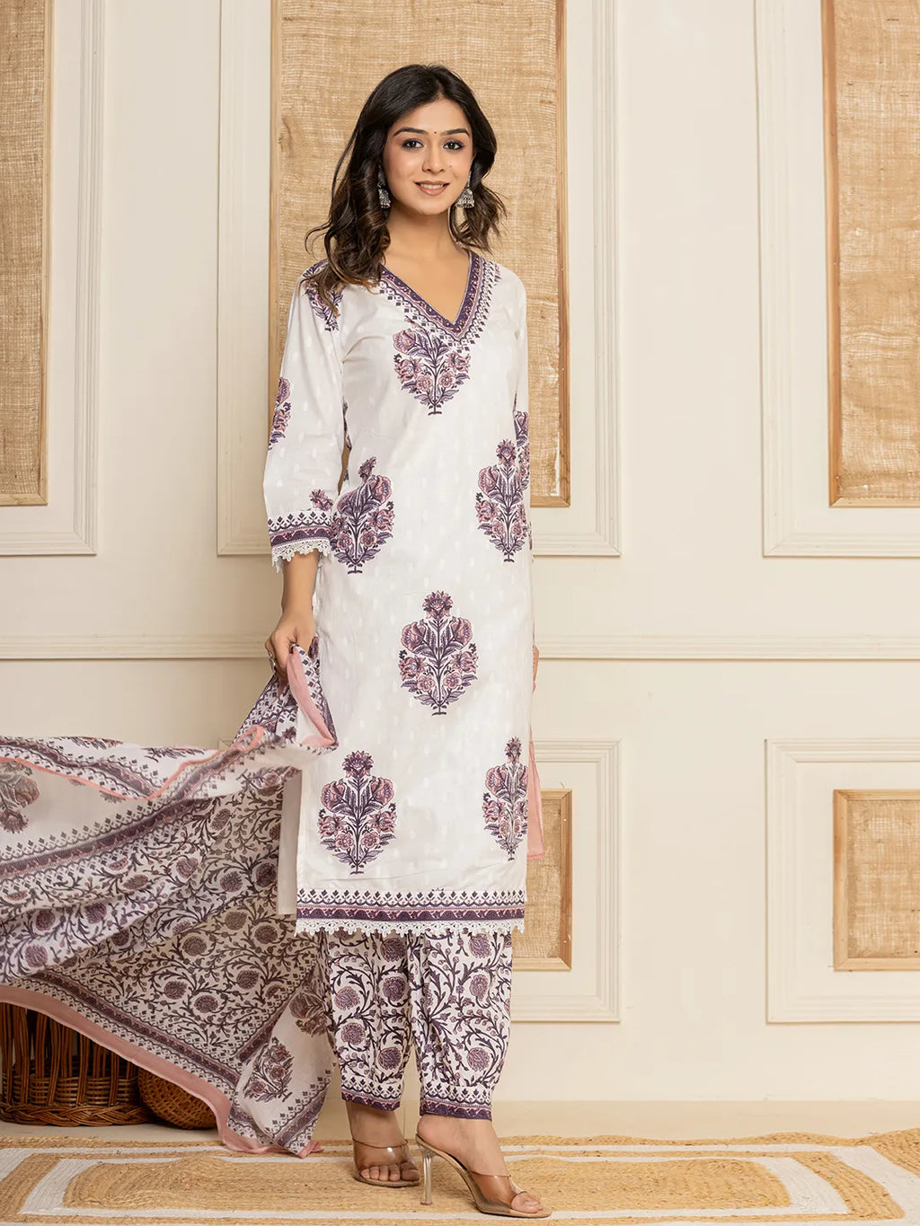 Yufta Cotton Purple Kurta Dupatta Set