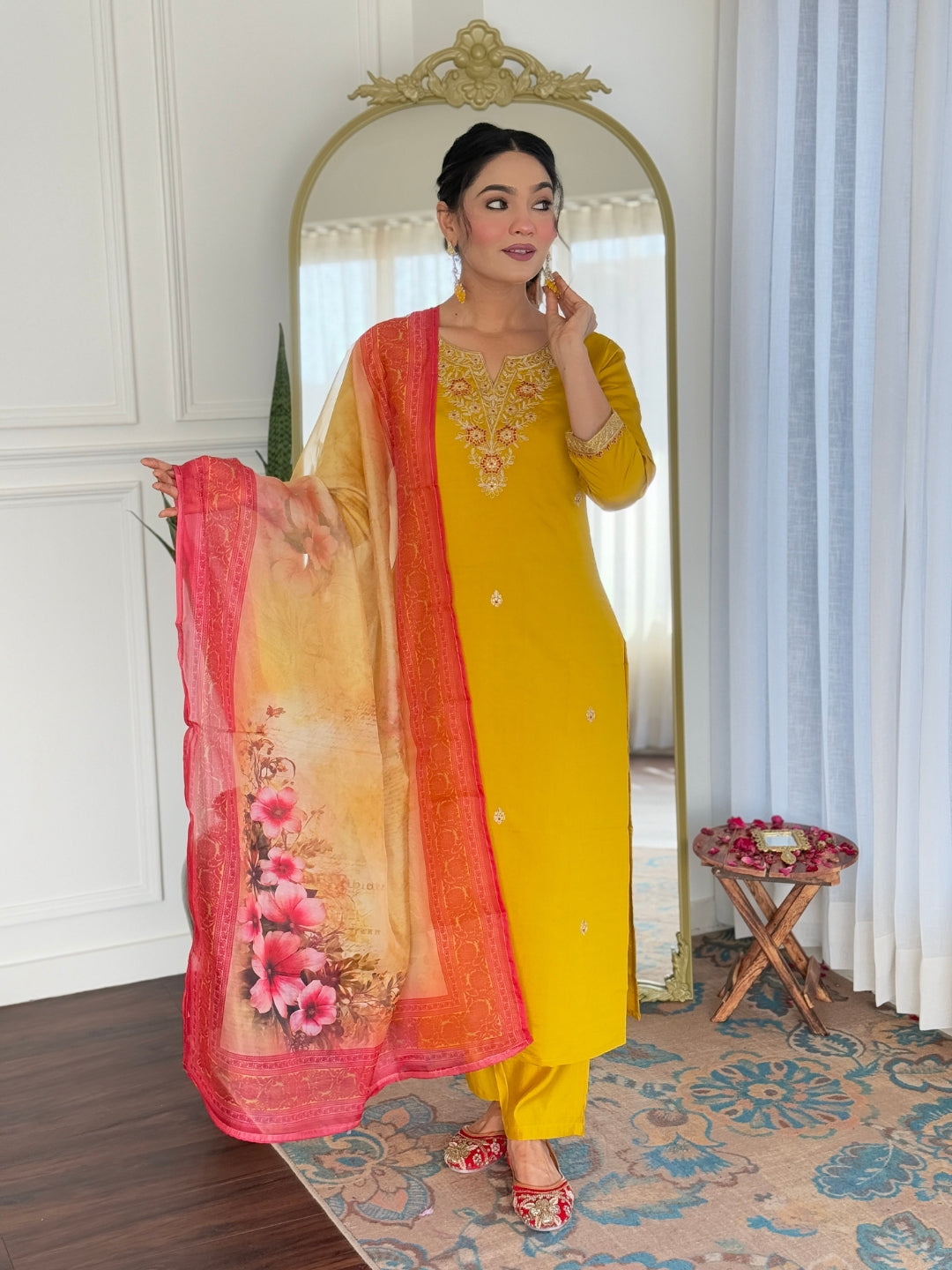 The52 Women's Beautiful Rayon Embroidery work Straight Kurta with Pant and Dupatta Set