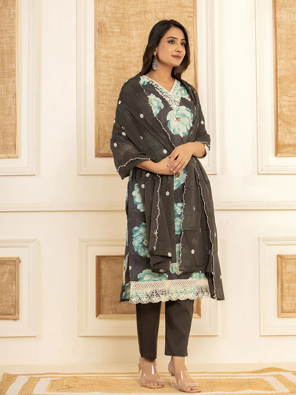 Yufta Black Floral Print Cotton Straight Side Slits Kurta And Trouser With Dupatta Set