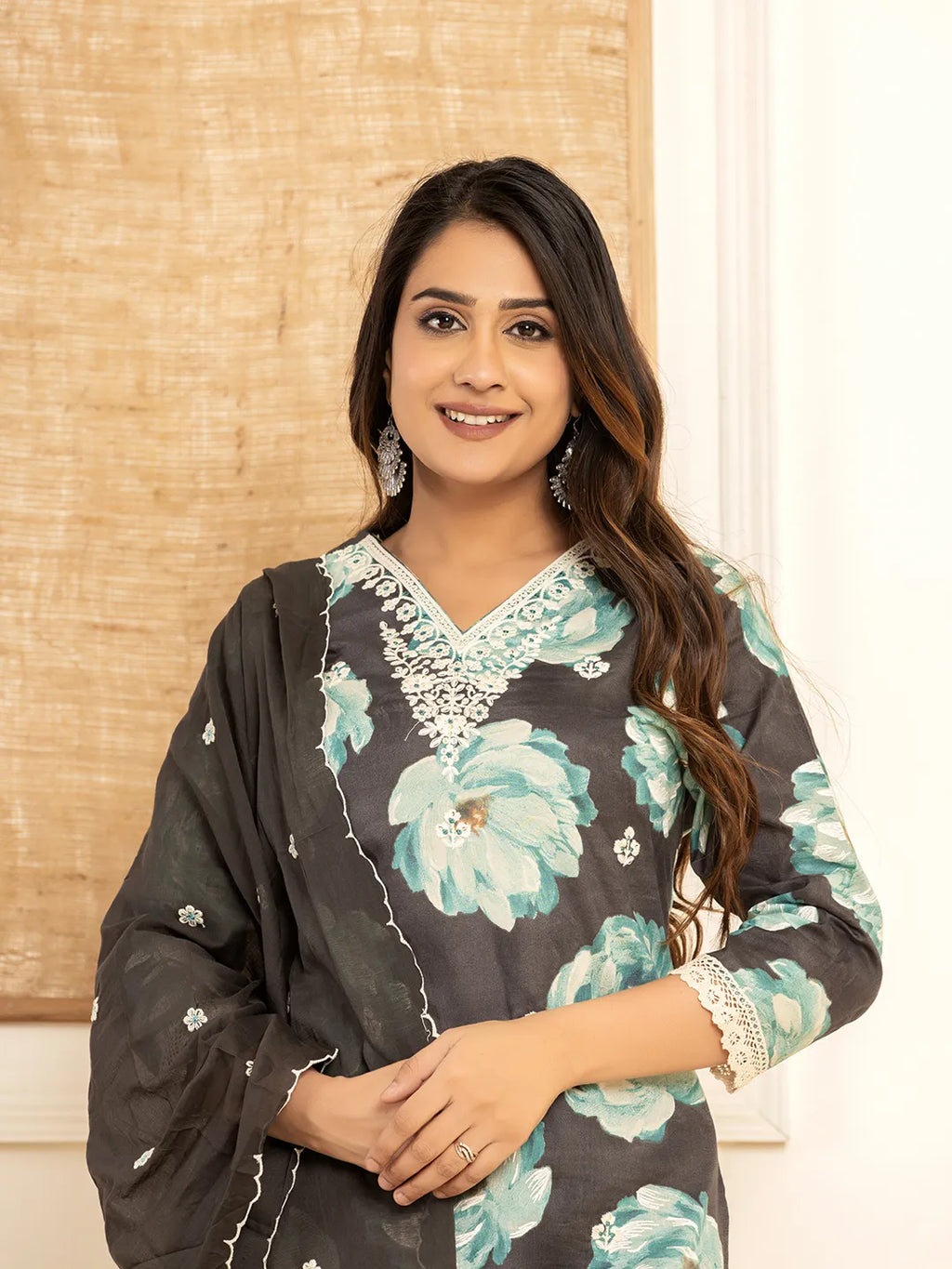 Yufta Black Floral Print Cotton Straight Side Slits Kurta And Trouser With Dupatta Set