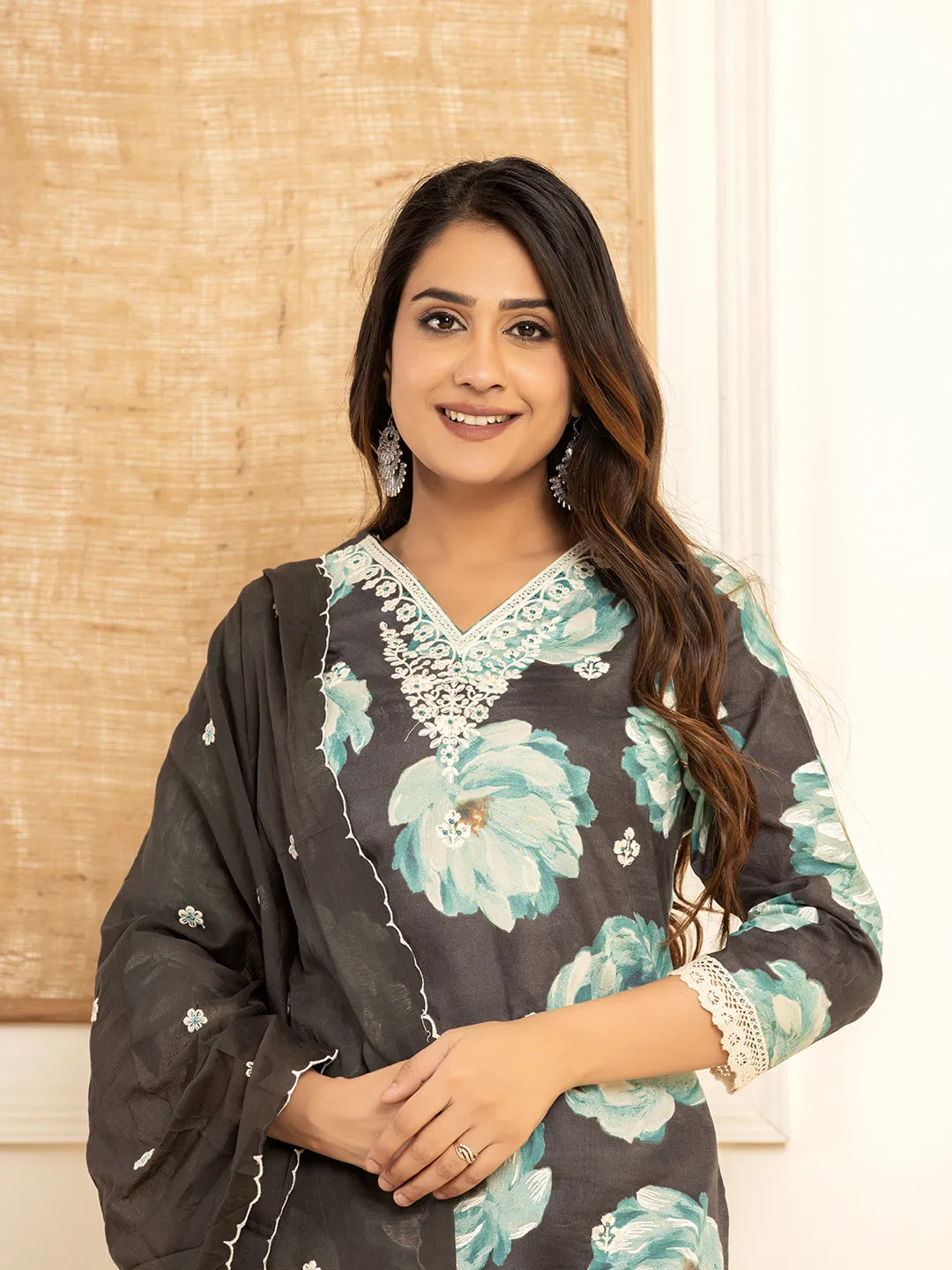 Yufta Black Floral Print Cotton Straight Side Slits Kurta And Trouser With Dupatta Set