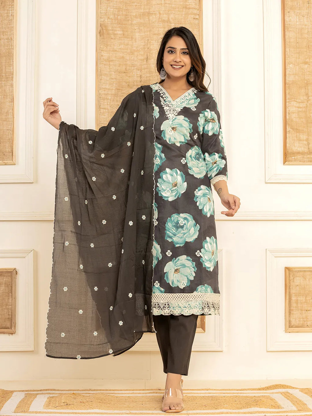 Yufta Black Floral Print Cotton Straight Side Slits Kurta And Trouser With Dupatta Set