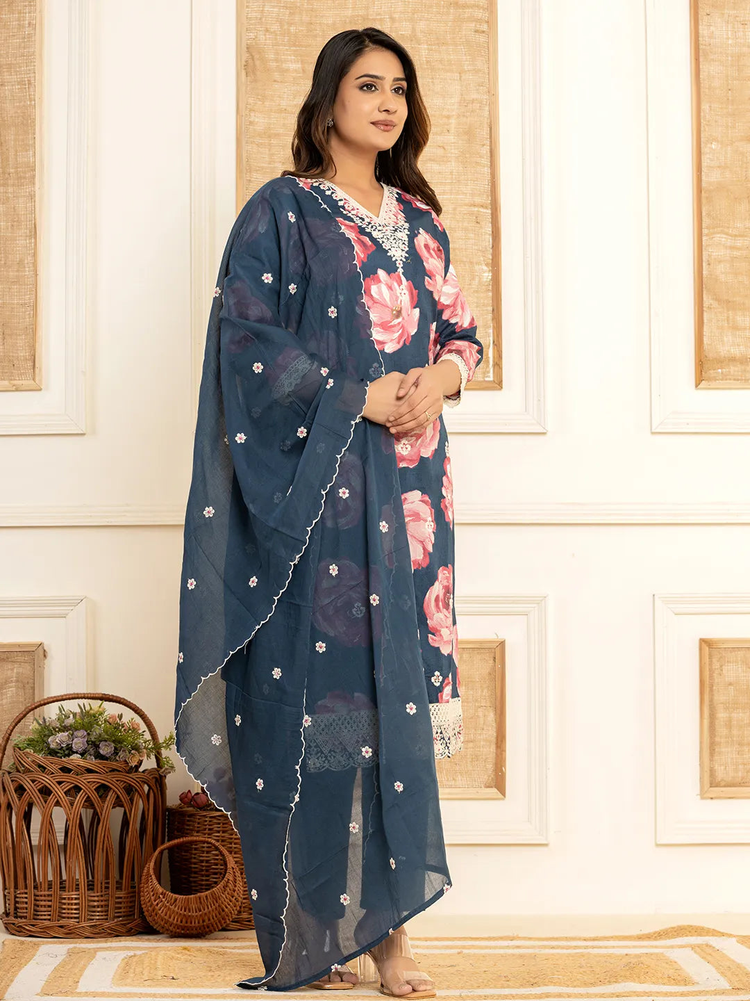 Yufta Purple Floral Print Cotton Straight Side Slits Kurta And Trouser With Dupatta Set