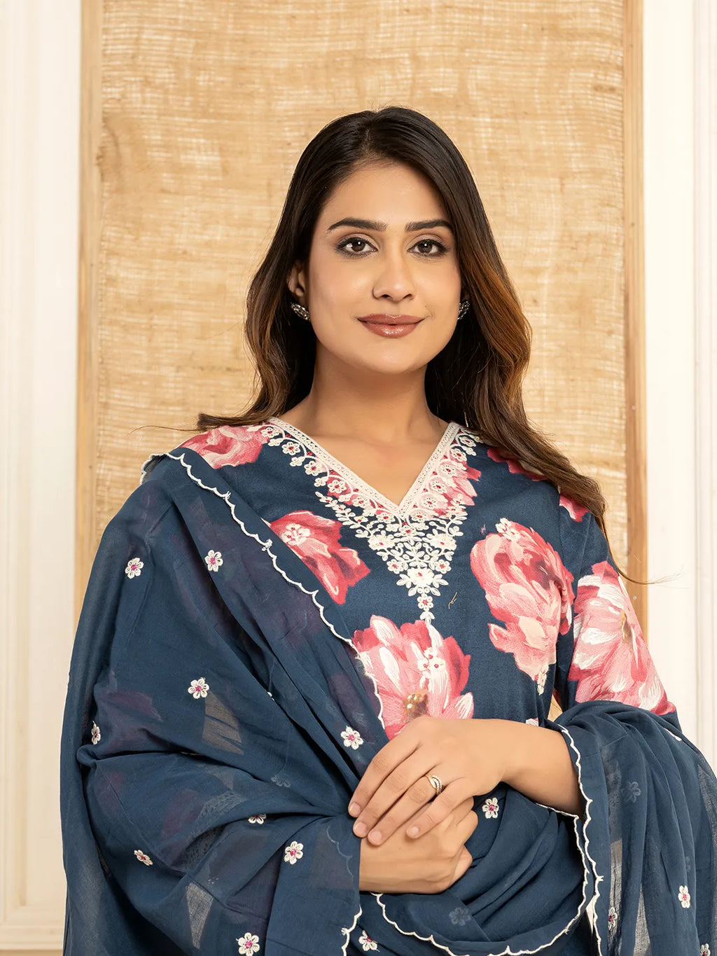 Yufta Purple Floral Print Cotton Straight Side Slits Kurta And Trouser With Dupatta Set