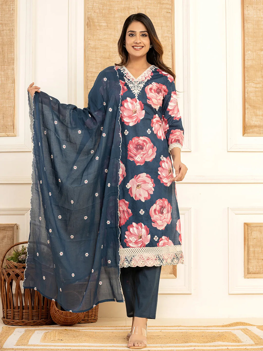 Yufta Purple Floral Print Cotton Straight Side Slits Kurta And Trouser With Dupatta Set