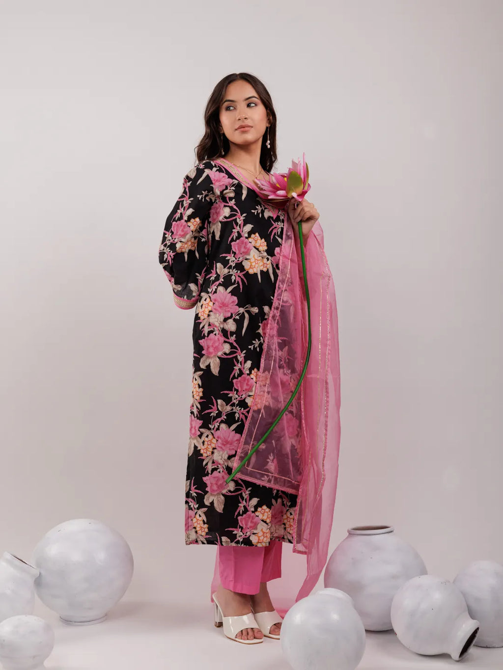 Yufta Black Floral Print Cotton Straight Kurta Trouser With Dupatta Set