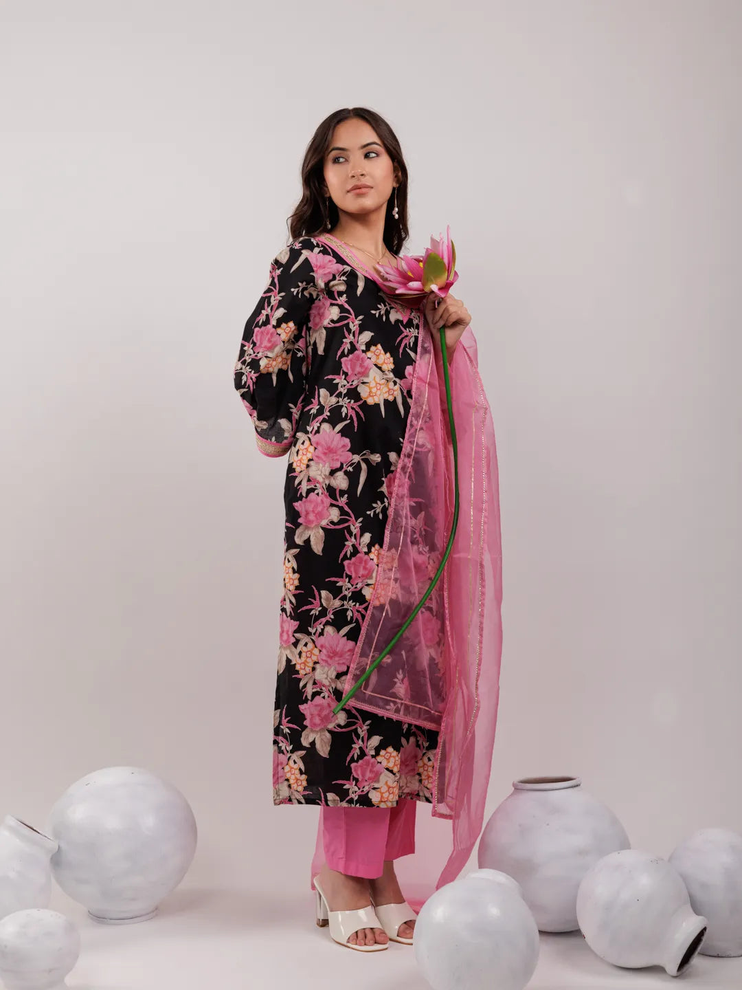 Yufta Black Floral Print Cotton Straight Kurta Trouser With Dupatta Set