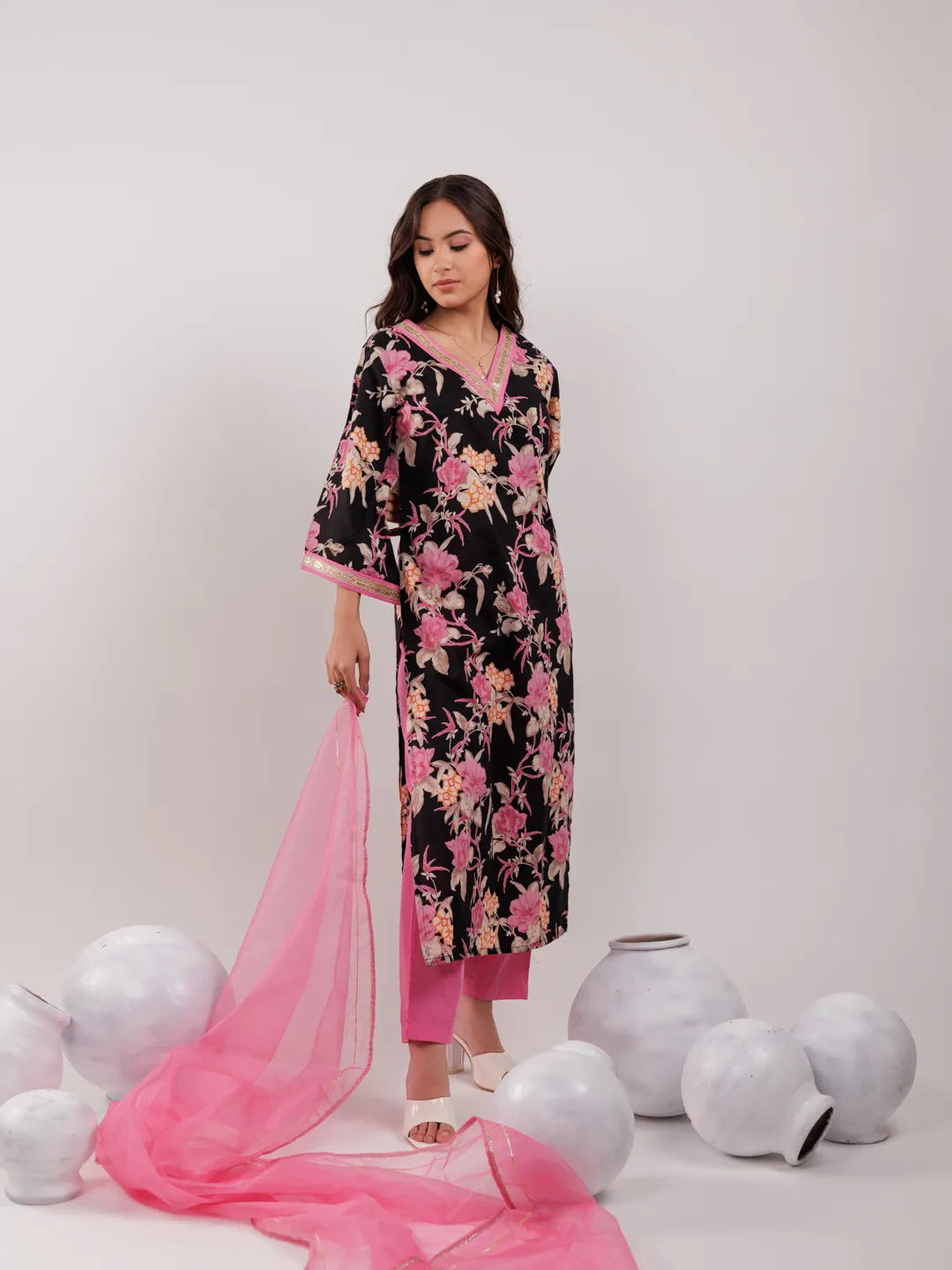 Yufta Black Floral Print Cotton Straight Kurta Trouser With Dupatta Set
