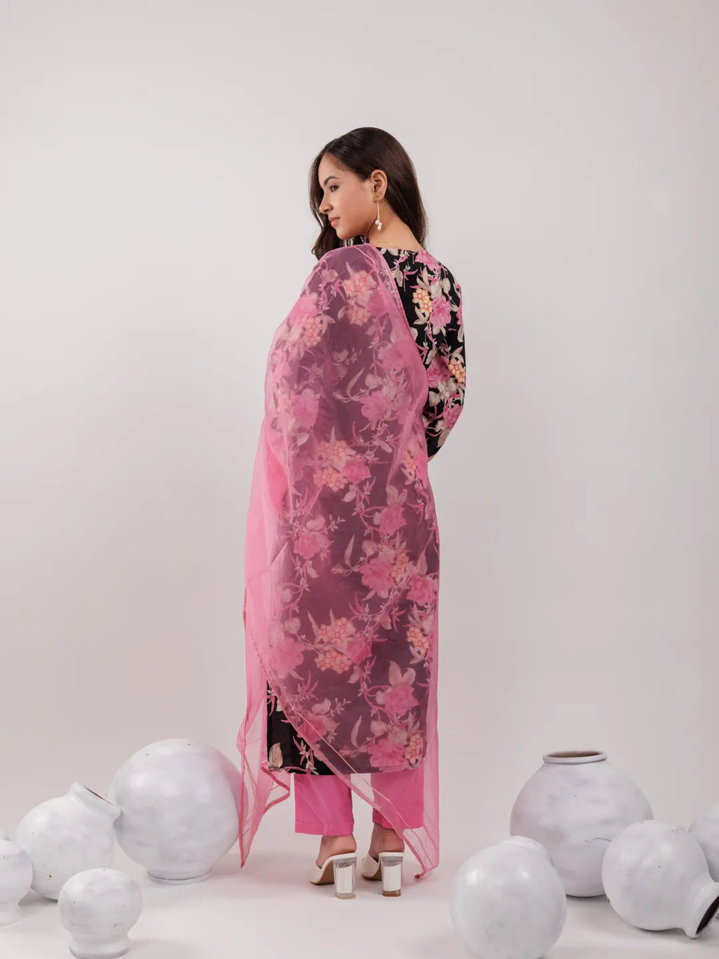 Yufta Black Floral Print Cotton Straight Kurta Trouser With Dupatta Set