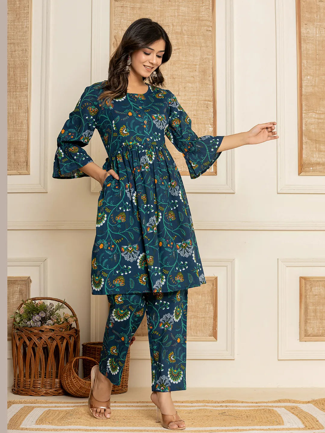 Yufta Blue Cotton Maternity Kurta Pants Set