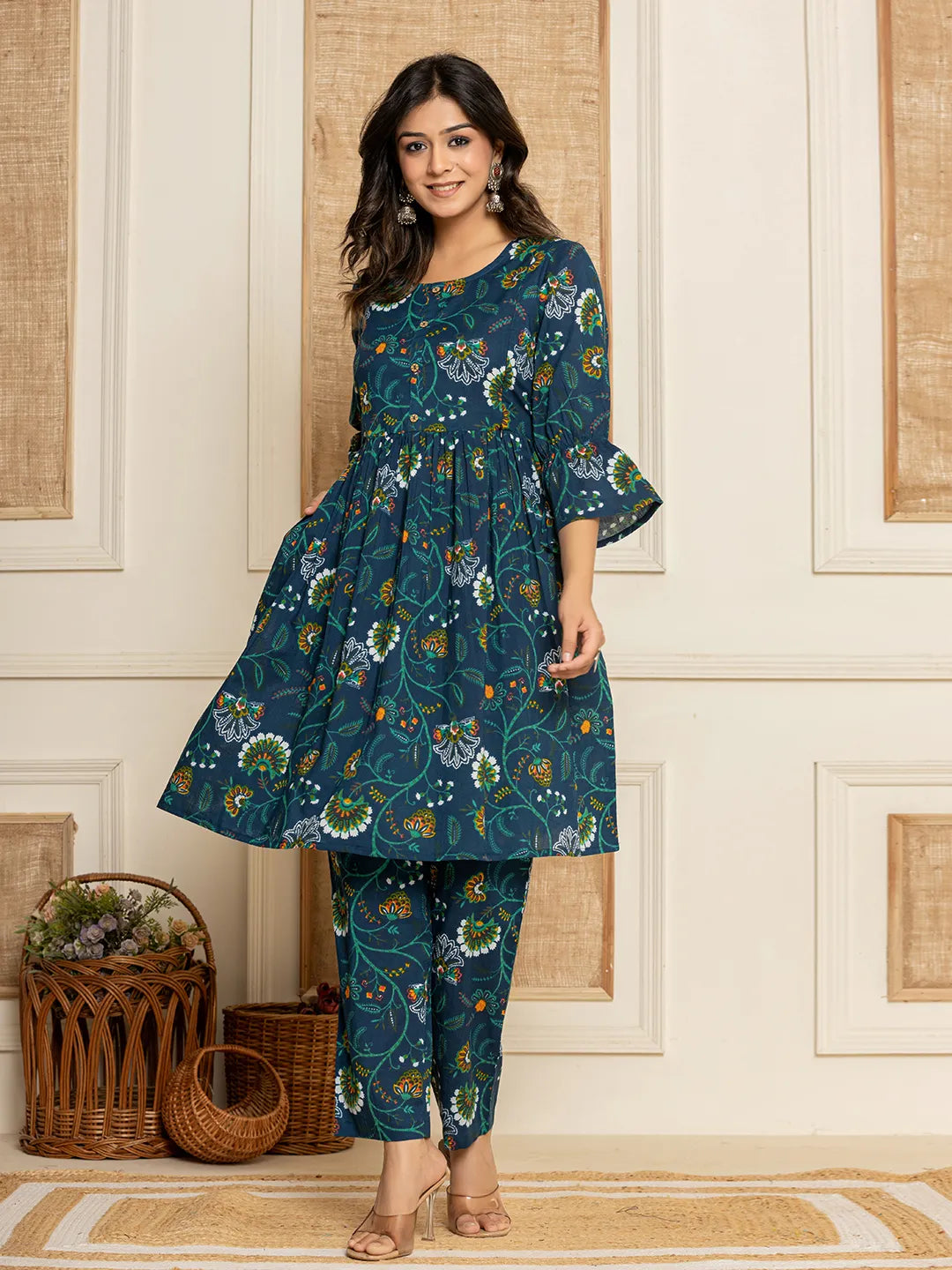 Yufta Blue Cotton Maternity Kurta Pants Set