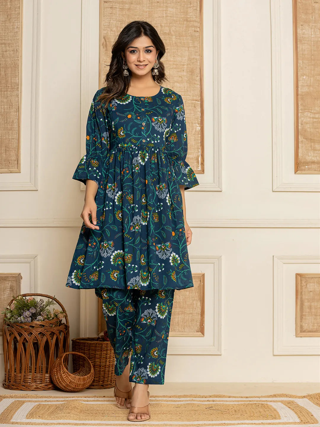 Yufta Blue Cotton Maternity Kurta Pants Set