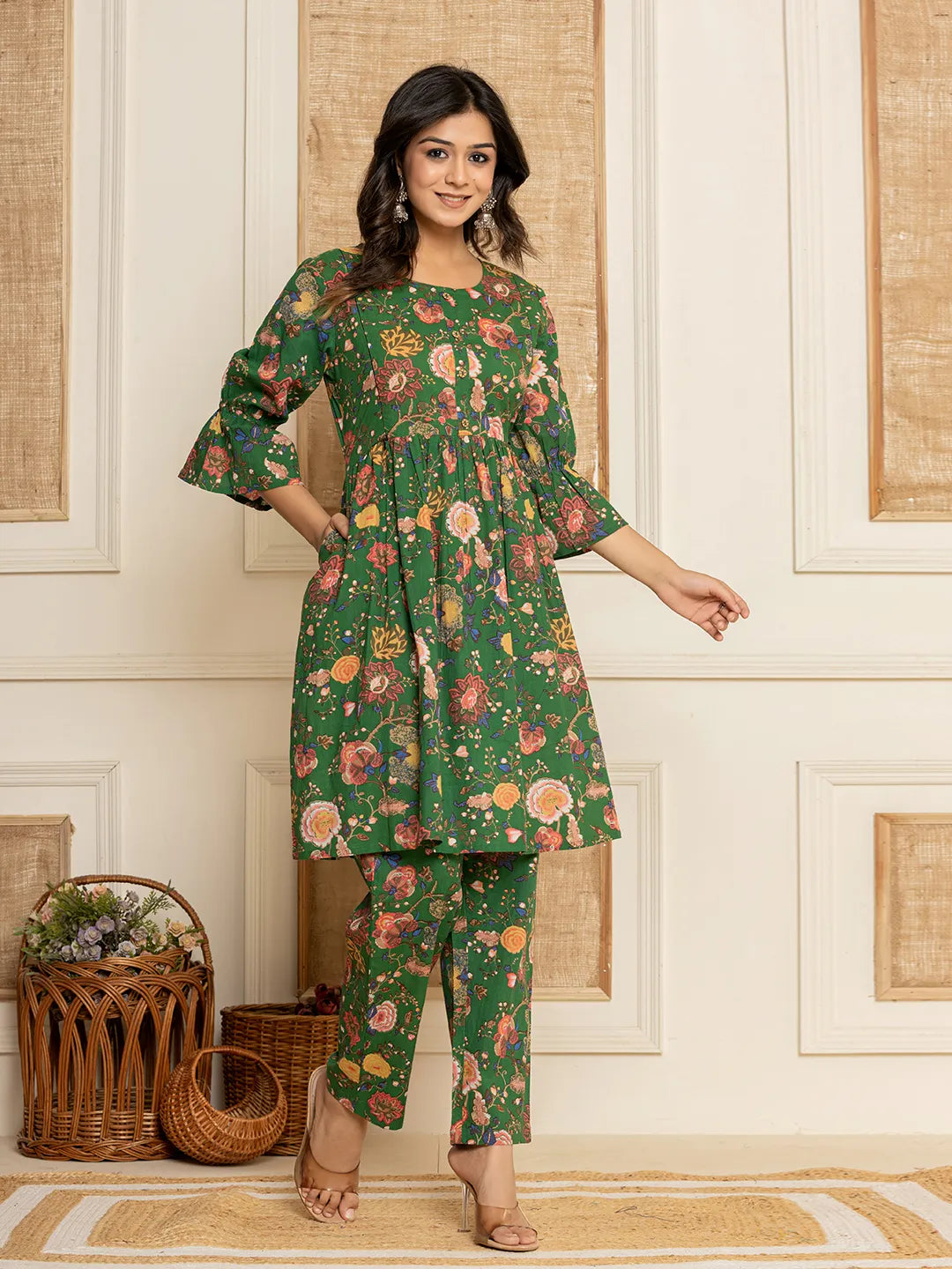 Yufta Green Cotton Maternity Kurta Pants Set