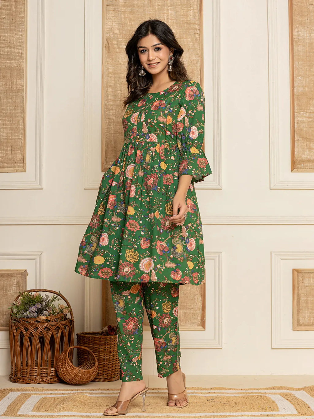 Yufta Green Cotton Maternity Kurta Pants Set