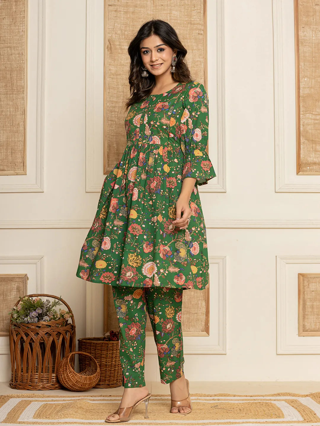 Yufta Green Cotton Maternity Kurta Pants Set