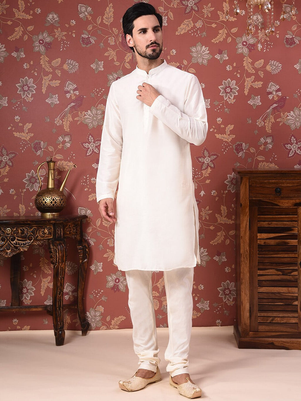 House of Pataudi Straight Kurta With Churidar & Embroidered Nehru Jacket