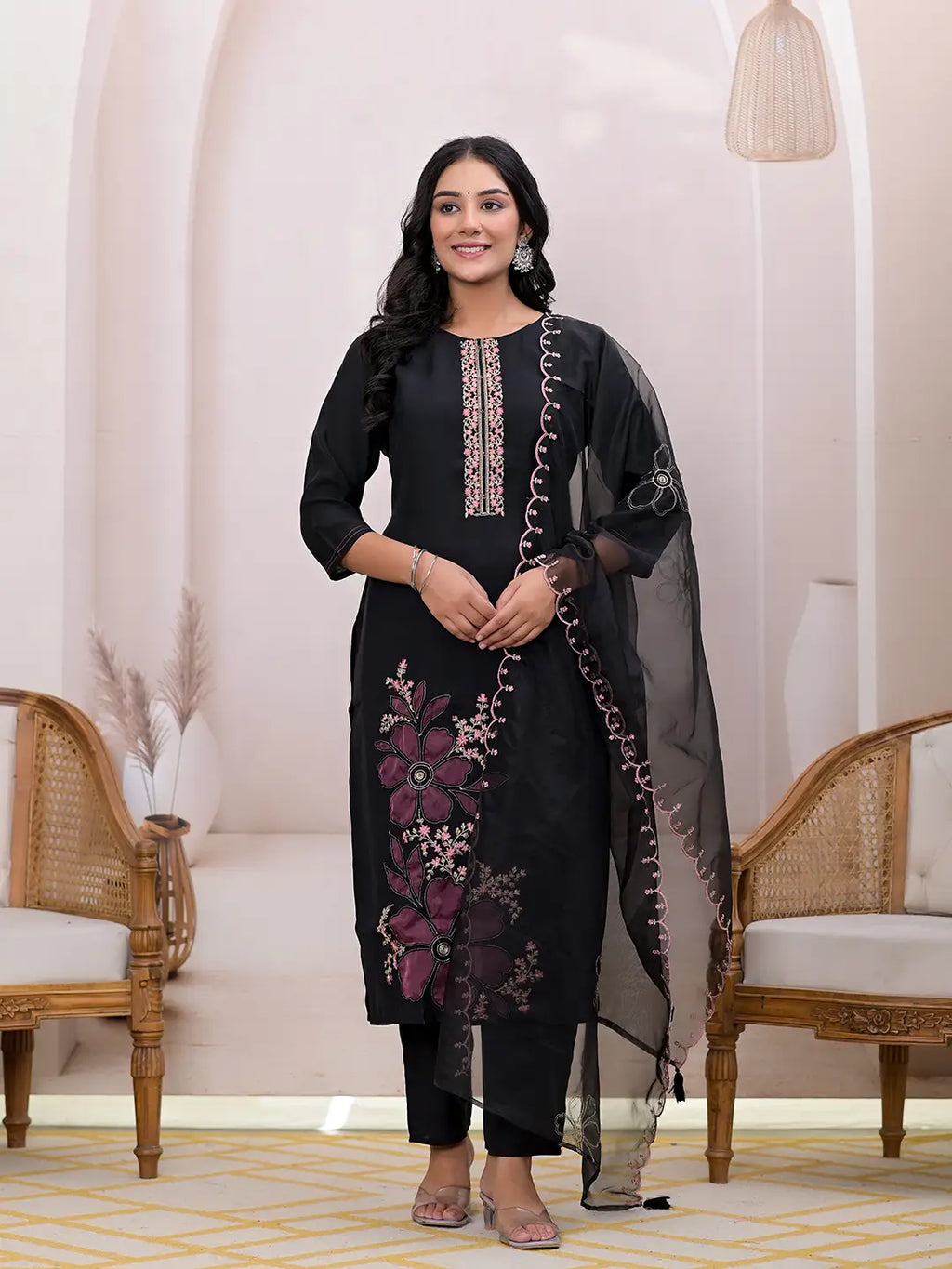 Yufta Black Embroidered Silk Blend Straight Kurta Dupatta Set