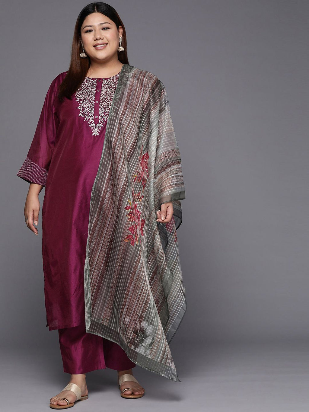 Sztori Plus Size Yoke Design Regular Sequinned Chanderi Silk Kurta & Trousers With Dupatta