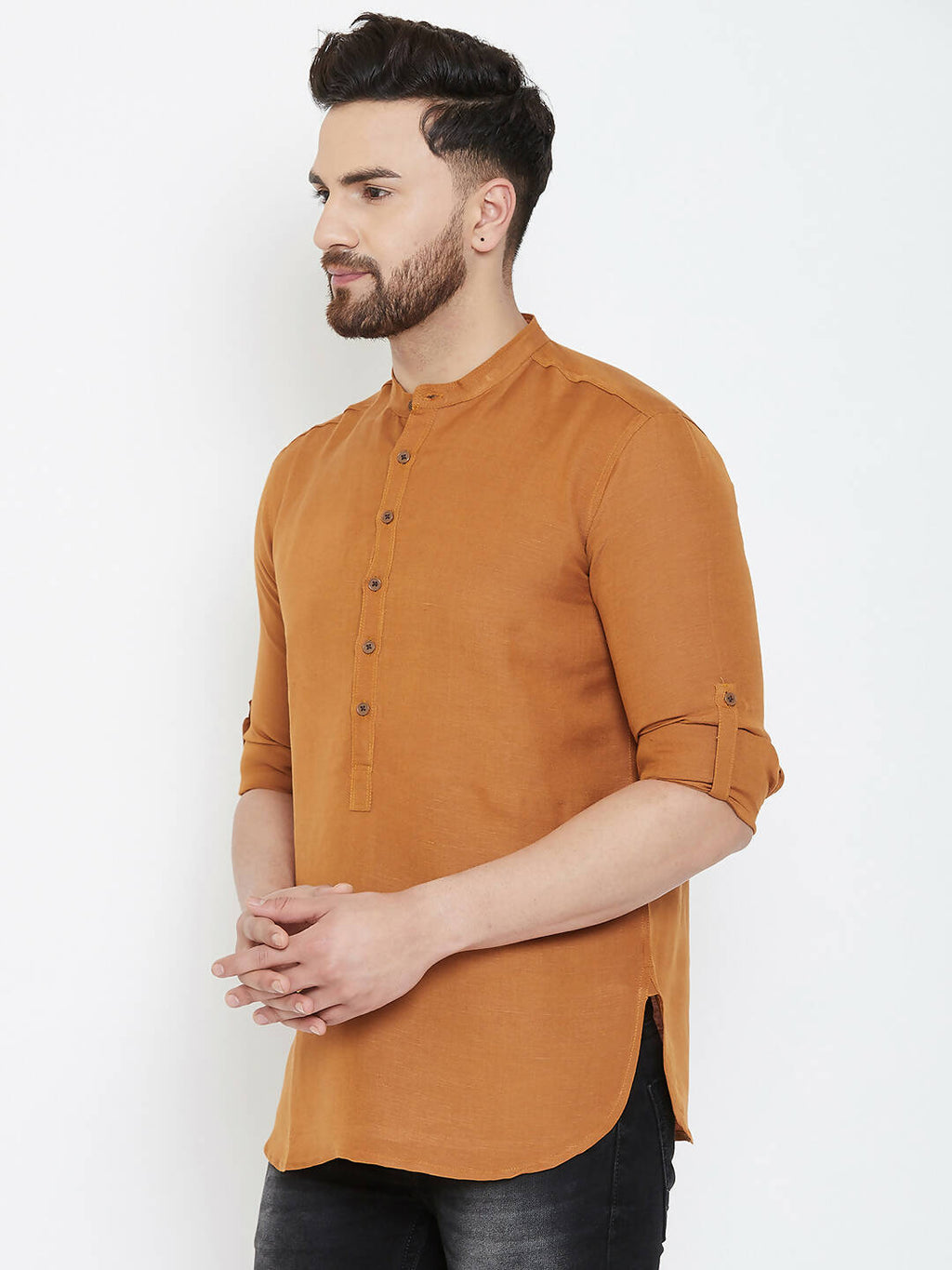 Even Apparels Brown Linen Men's Kurta With Band Collar