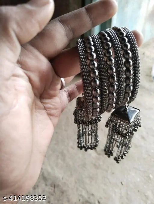 Tehzeeb Creations Women's Black Oxidised Spiral Bangle With Jhumki Style