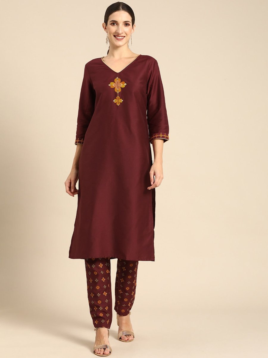 All About You Women Maroon Floral Yoke Design Regular Kurta with Trousers