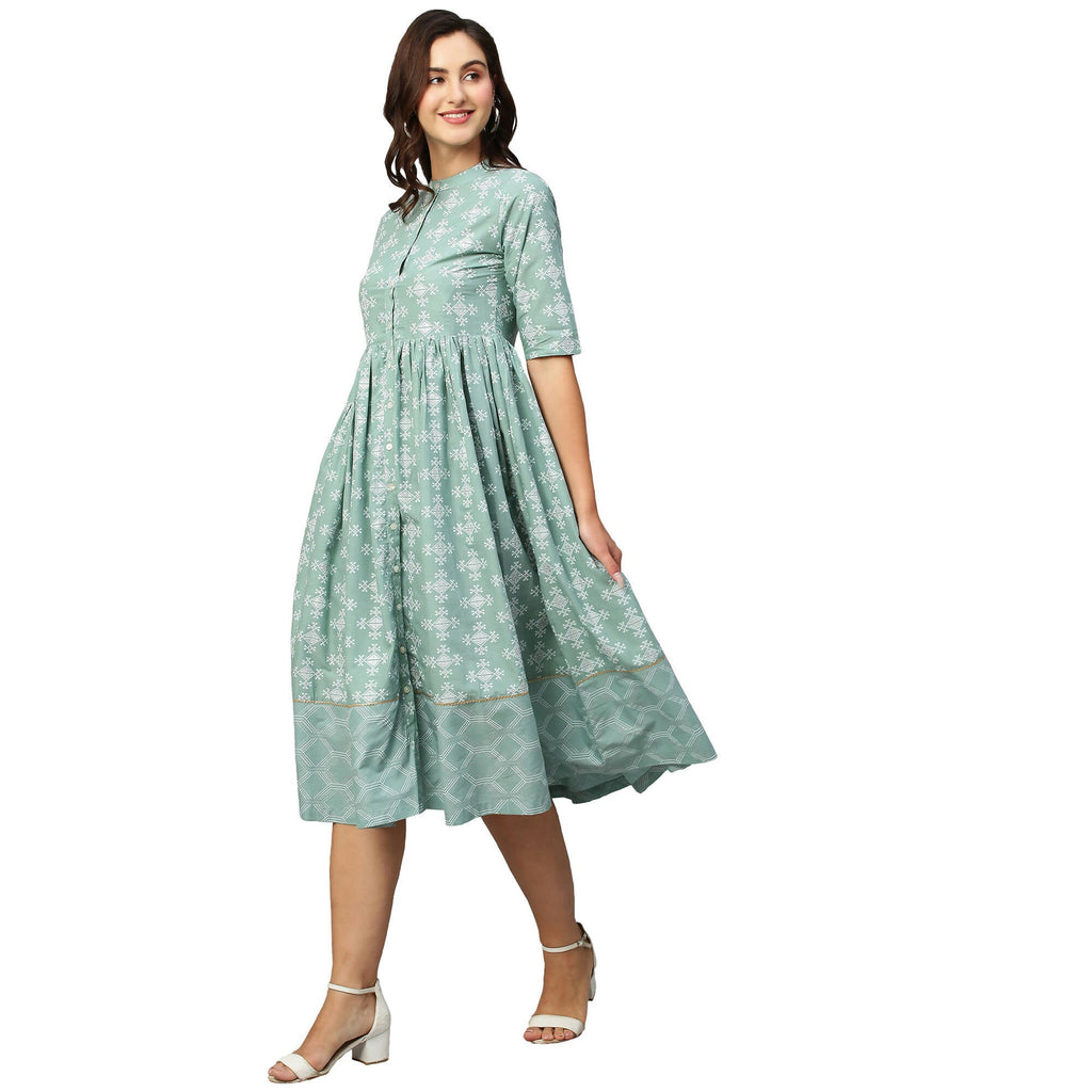Green & Off-White Ethnic Motifs Printed Cotton A-Line Dress - Poonam