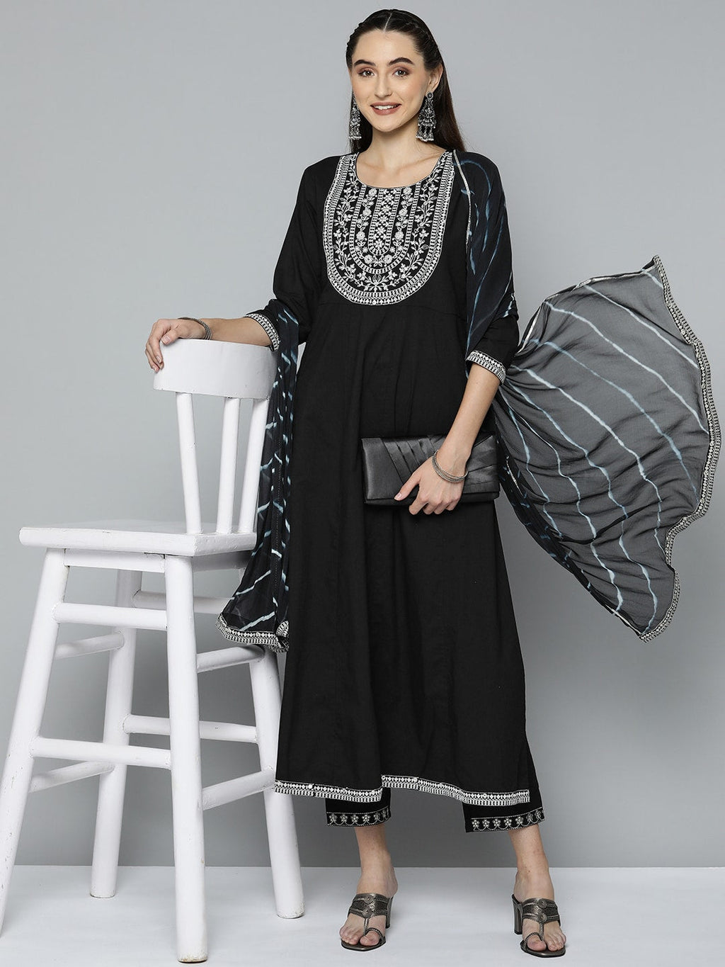 HERE&NOW Women Black Ethnic Motifs Embroidered Kurta with Trousers & With Dupatta