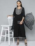 HERE&NOW Women Black Ethnic Motifs Embroidered Kurta with Trousers & With Dupatta