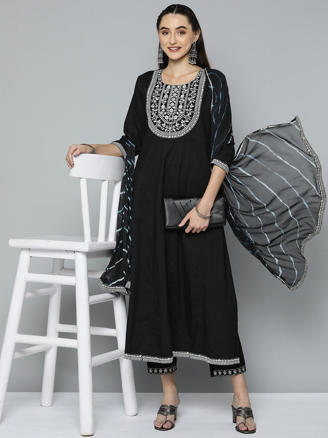 HERE&NOW Women Black Ethnic Motifs Embroidered Kurta with Trousers & With Dupatta