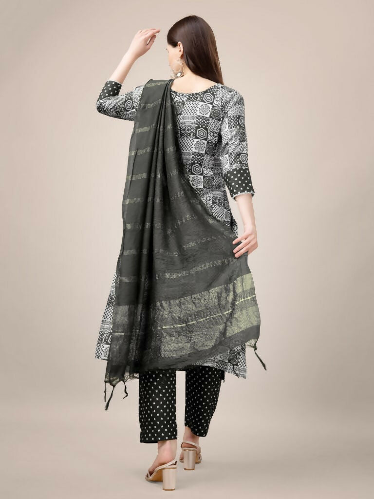 Jyoti Fashion Women's Black Rayon Print with Embroidery & Fancy Lace Work Kurta with Trouser & Dupatta