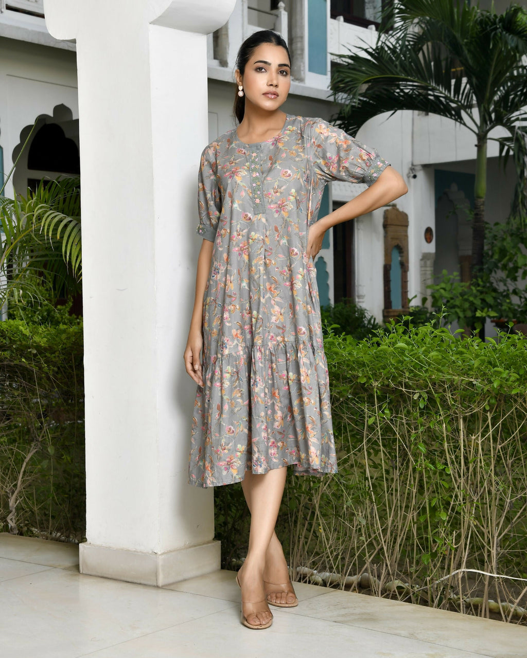 Vaasva Women's Grey Cotton Digital Printed Embroidered Placket Dress