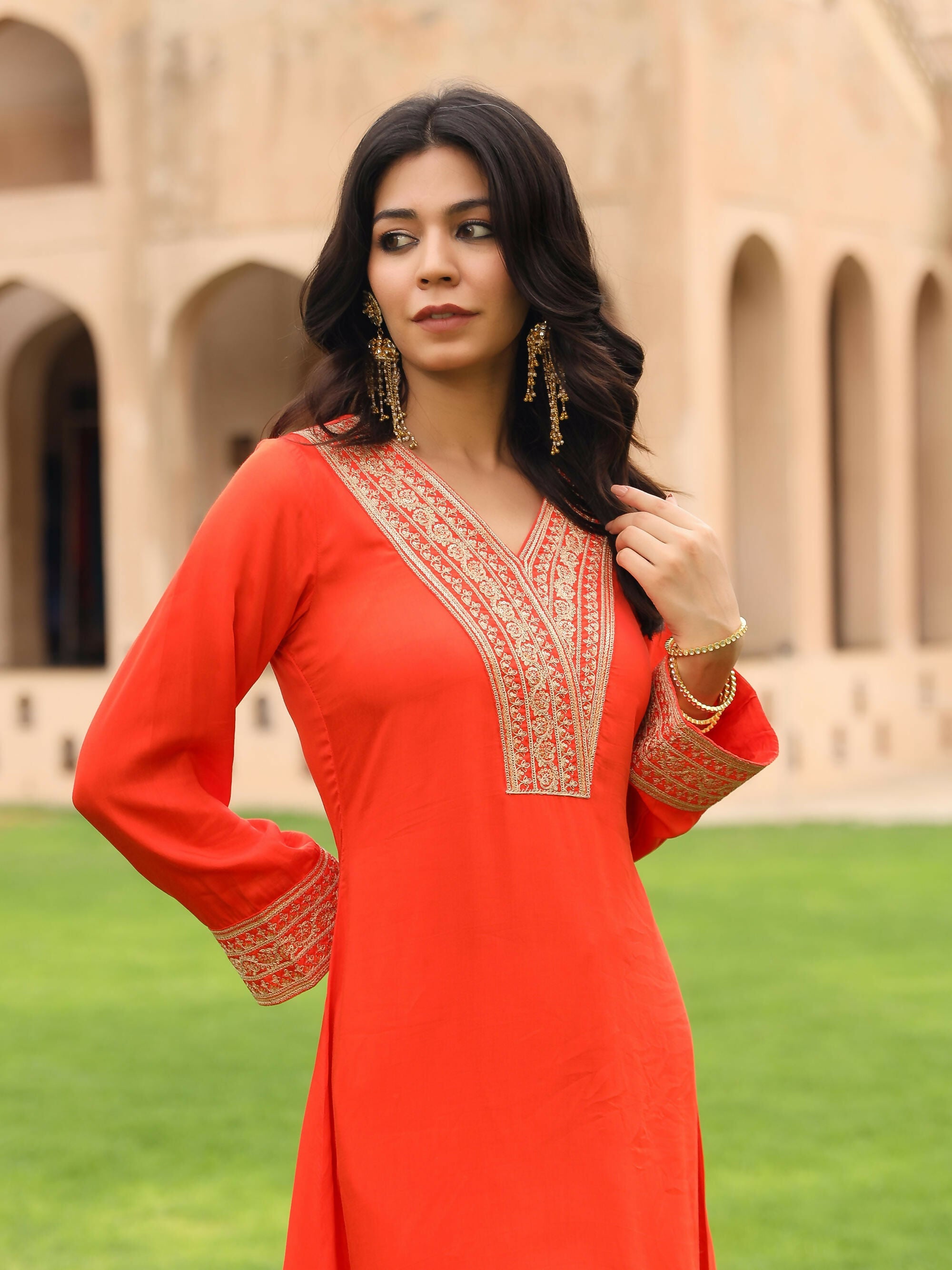 Juniper Women's The Swarna Coral Zari Embroidered Viscose Kurta & Pant Set With Sequins