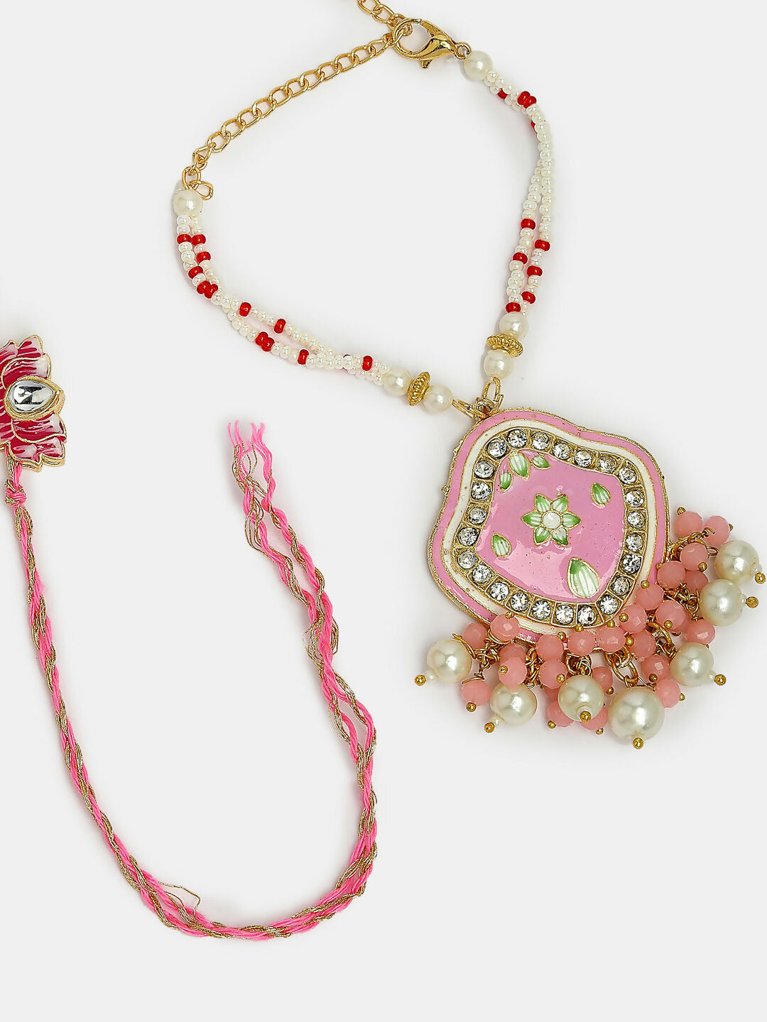 NVR Women & Men Set of 2 Pink Lotus Shape Kundan Stone-Studded & Beaded Bhaiya Bhabhi Rakhi With Roli Chawal & Chocolate