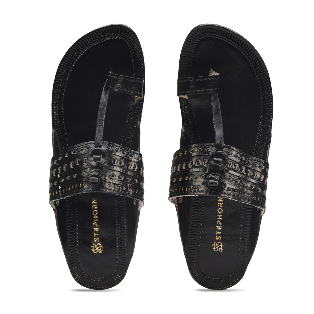 Stepsoft Men'S Leather Kolhapuri Chappals – Handcrafted Ethnic Flats (Black)