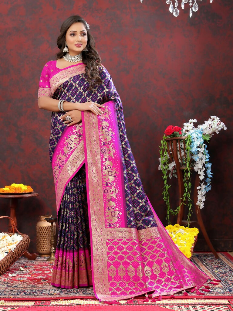 Vastranavya Navy Blue Soft Patola Silk With Meenakari Weaving Motifs And Rich Zari Weaving Pallu Saree With Matching Blouse Fabric