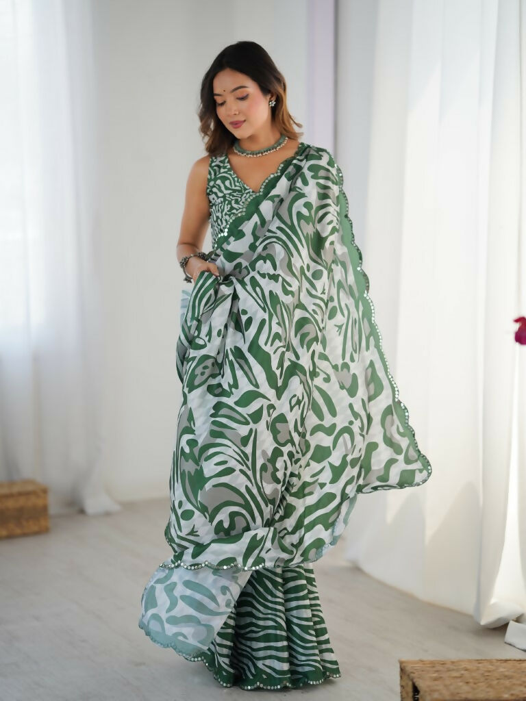 Green Chinon Designer Digital Printed,Mirror Cut Work Saree - Sohni