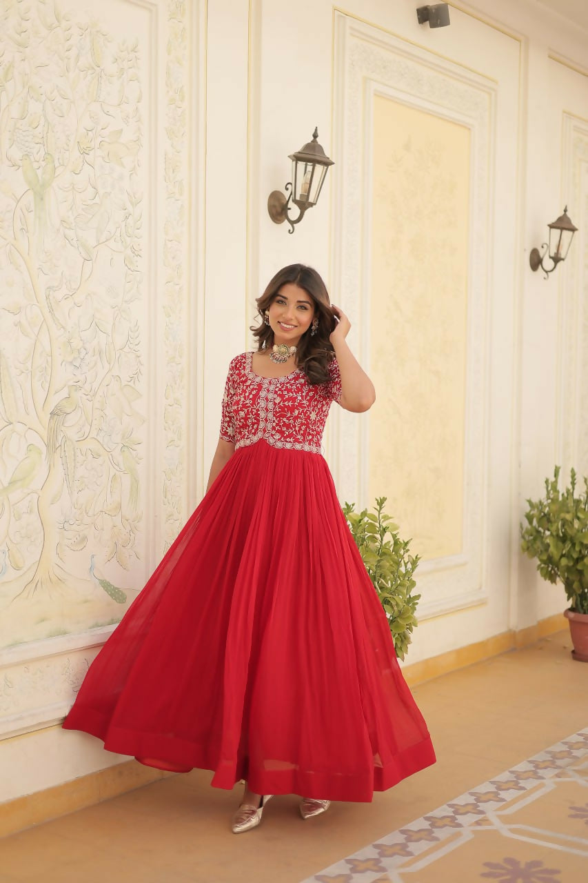 Vastranavya Faux Blooming with Embroidery Zari Sequins-work Gown - Red