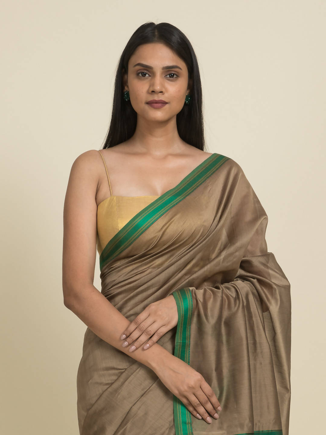 Suta Brown Green Zari Silk Cotton Maheshwari Saree