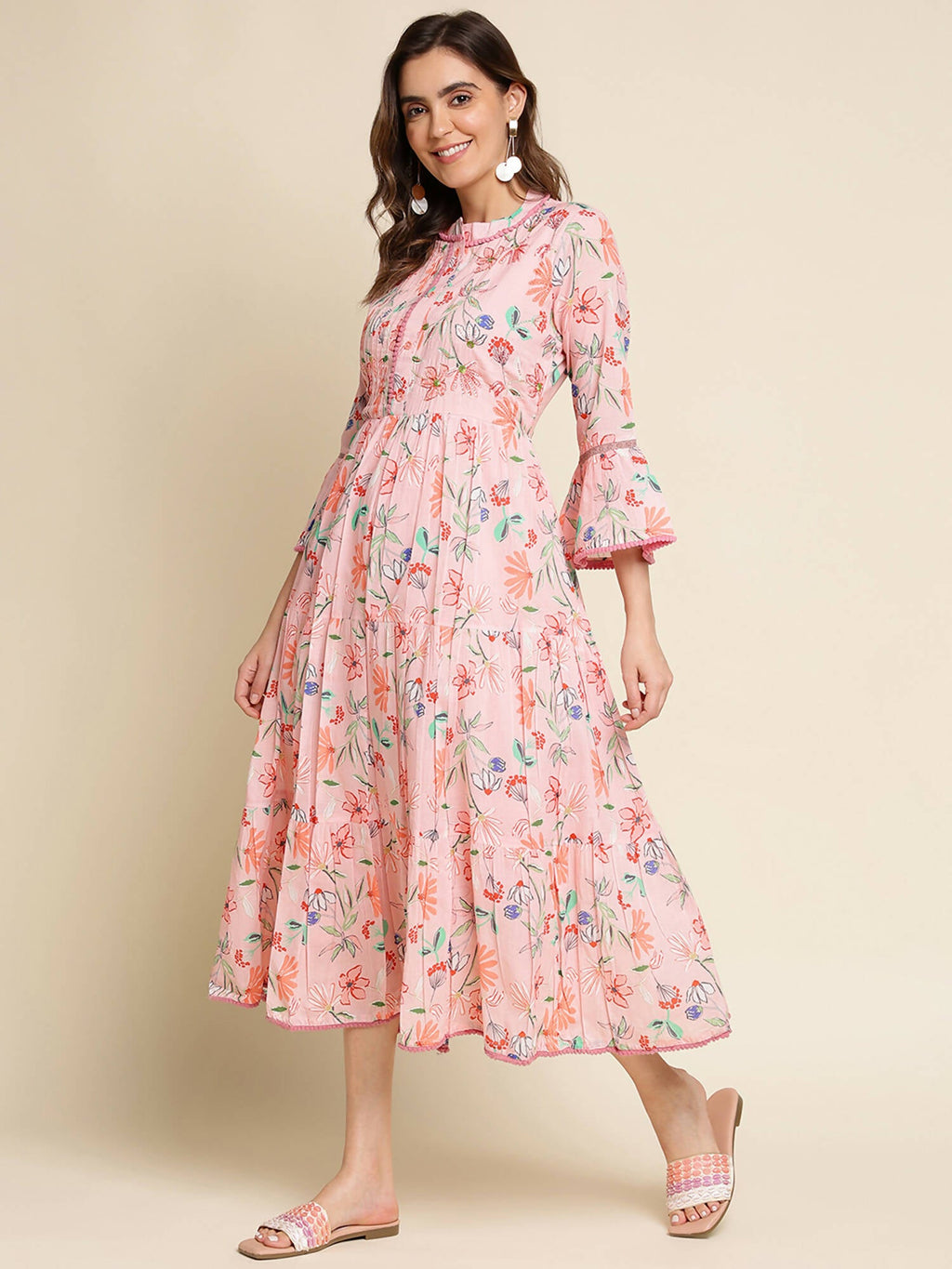 Pink Cotton Floral Printed Dress - Nandani