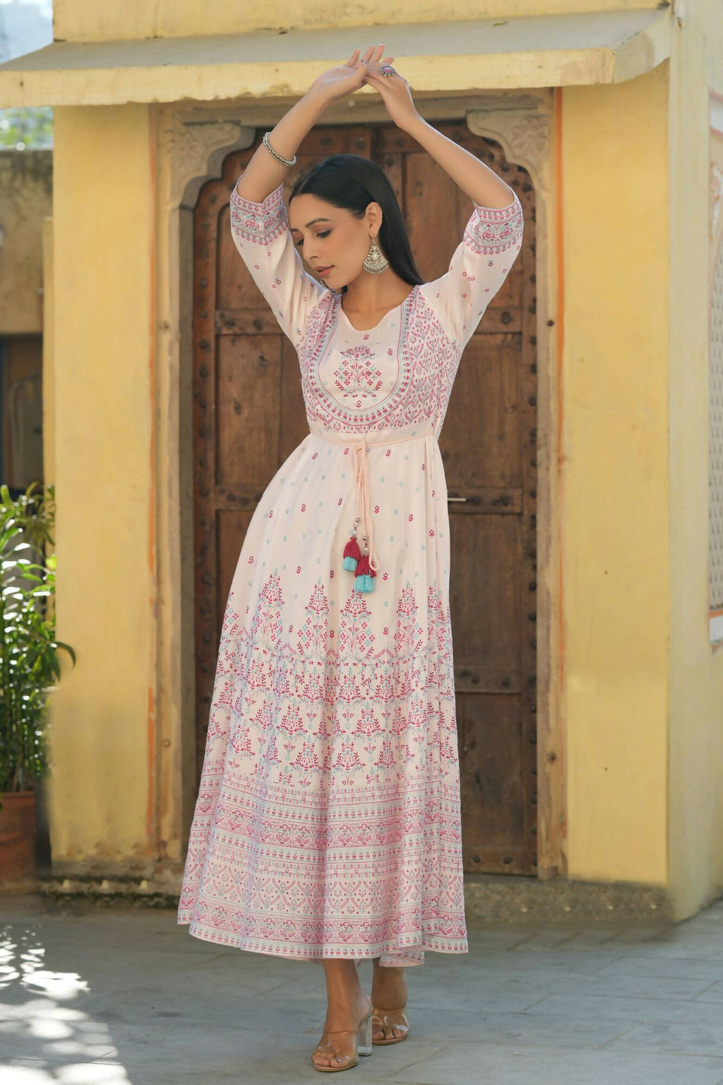 Juniper Women's Pink Viscose Shantoon Festive Printed Flared Dress
