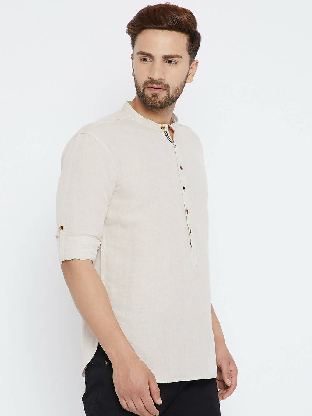 Even Apparels Beige Linen Linen Men's Kurta With Band Collar