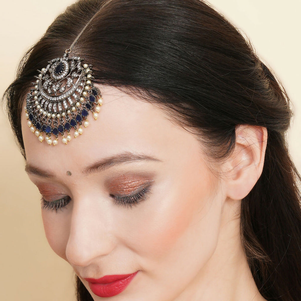 Oversized Diamond & Blue Stone Maang Tikka- Ruby Raang